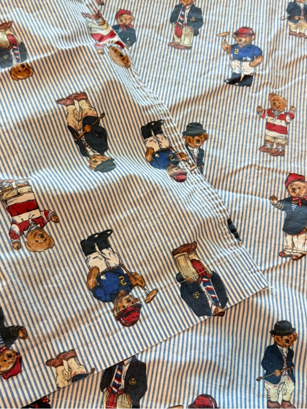 Vintage Ralph Lauren Polo Bear Full Flat Sheet 2 Pillowcases Blue Stripe USA 90s - Picture 7 of 11